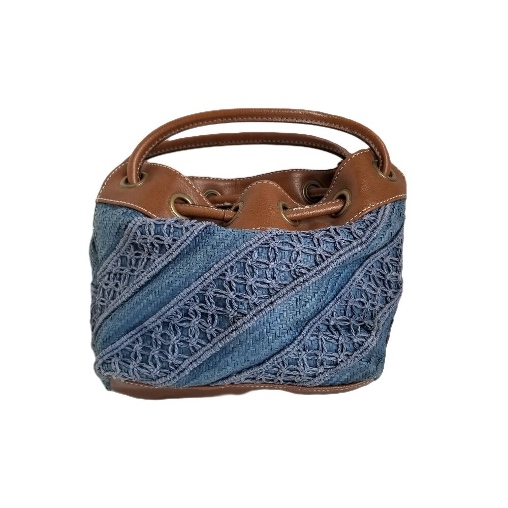 Tommy Hilfiger Vintage Blue Straw Bucket Bag Brown Trim Coastal Y2K